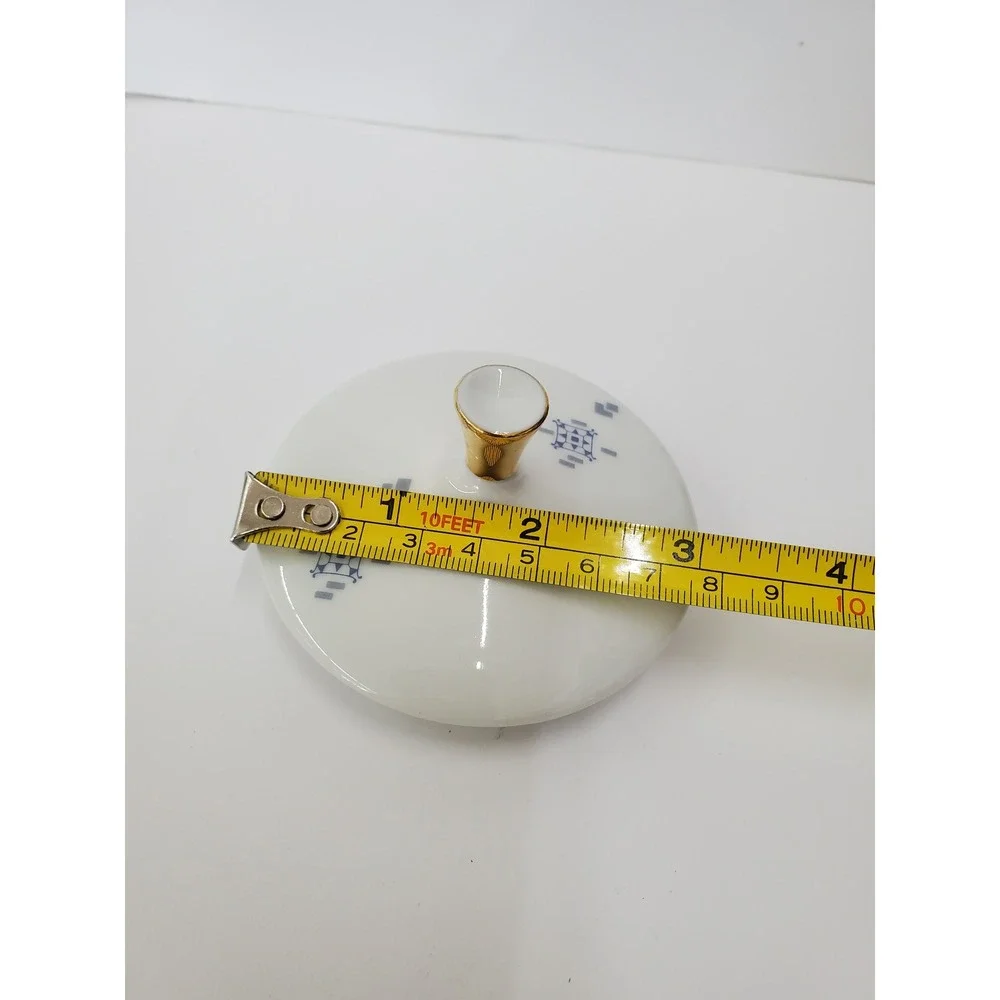 Vintage White Ceramic Replacement Lid Blue Silver Geometric Gold Finial 3.25in